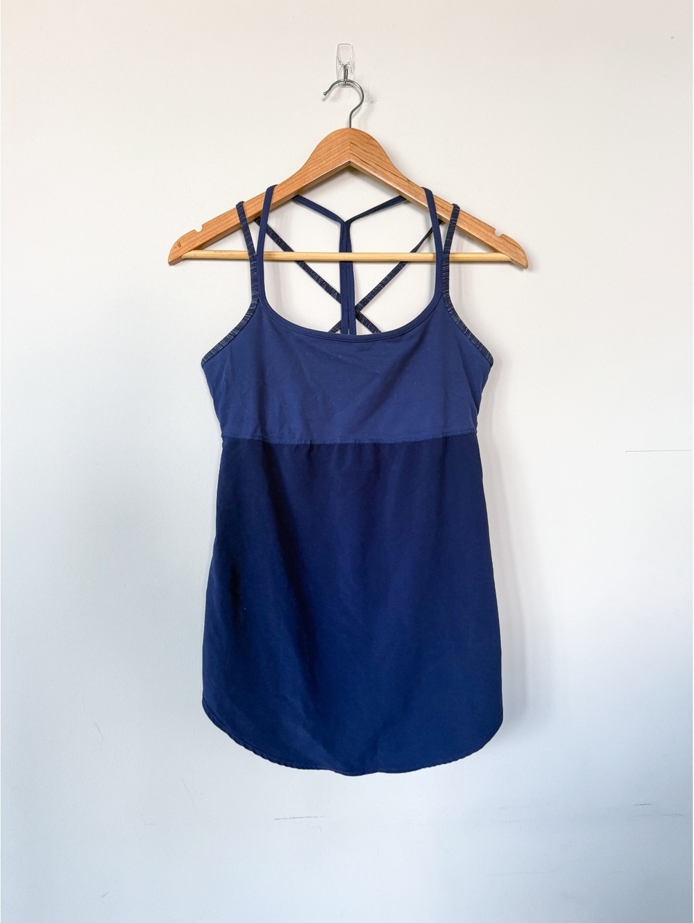Lucy Babydoll Athletic Tank Top Blue Built In Bra Support Crossback Breathable